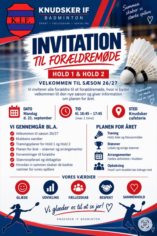 Invitation til forældremøde i Knudsker Badminton