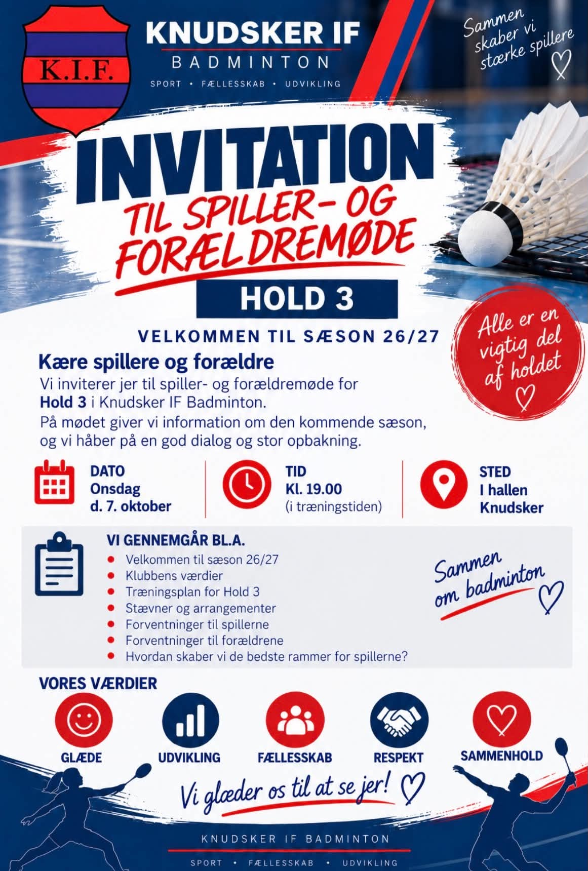 Invitation til spiller- og forældremøde for Hold 3, 7. oktober 2026 kl. 19.00 i hallen i Knudsker